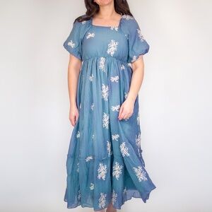 Dusty Blue Puff Sleeve Floral Embroidery Easter Midi Dress